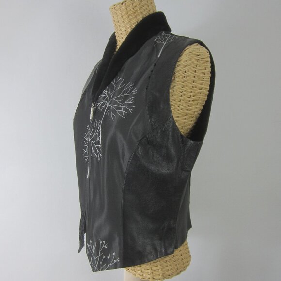 Vtg TAPP New York Womens M Black Gray Tree Print Lamb Leather Vest Fur Collar - Picture 5 of 13